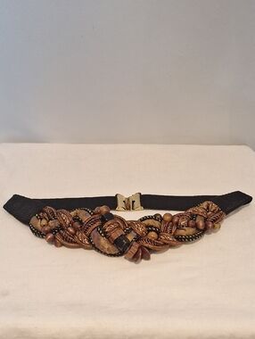Vintage Handcrafted Chocolate Brown Beaded Woven Elastic Waist Belt